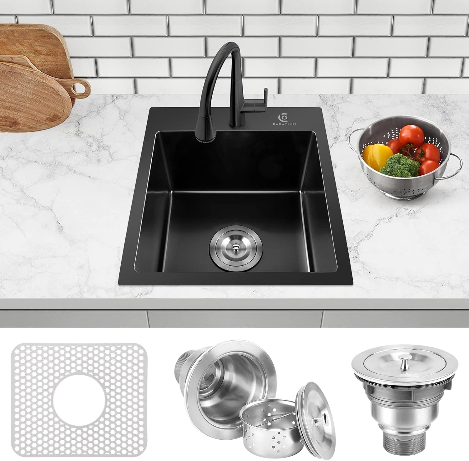 17 x 15 Inch Drop in Kitchen Sink Top mount Bar Sink 16 Gauge Stainless Steel Single Bowl Workstation with Sink Protector (Black)