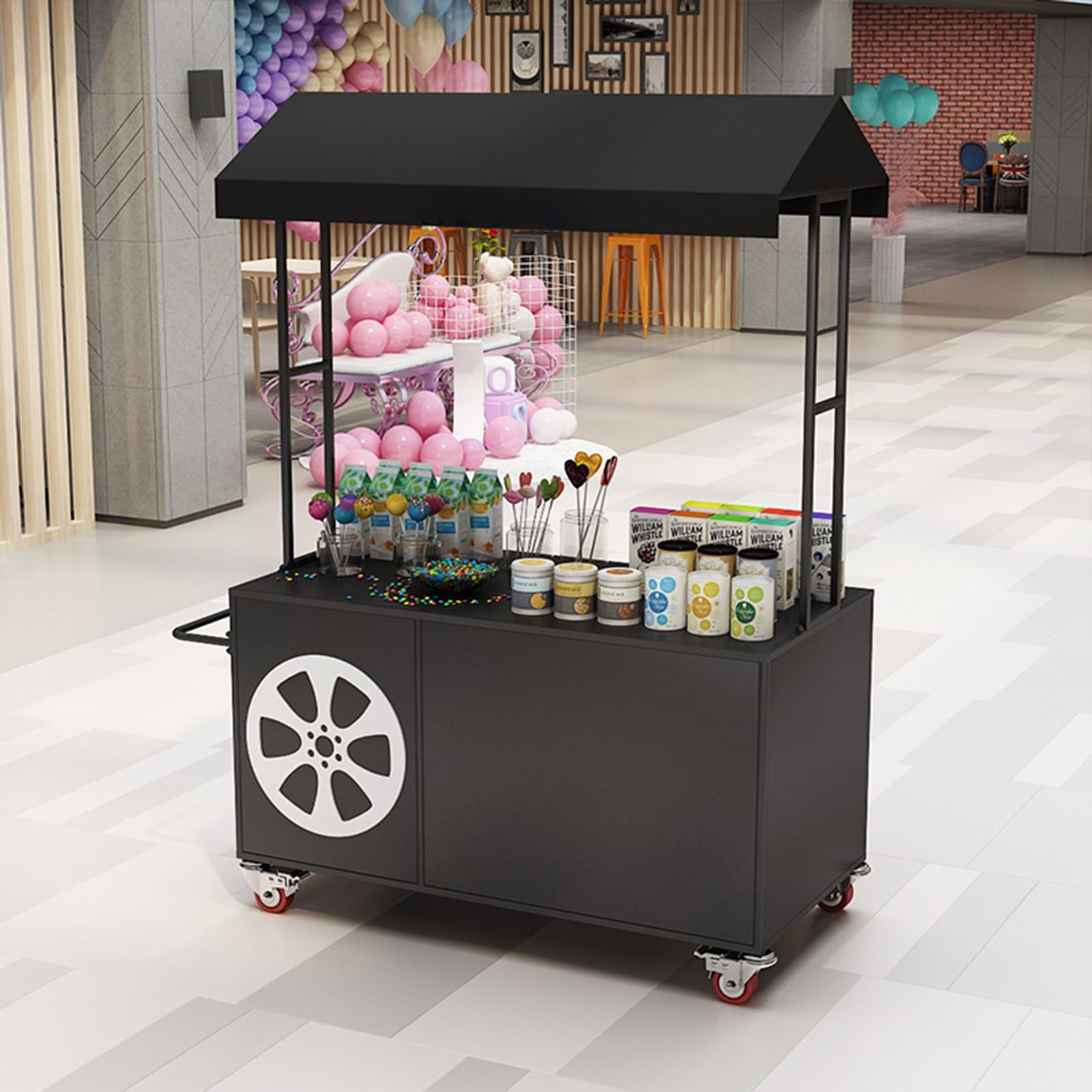 Carrello pieghevole con tettoia e ruote per mercati e festival all'aperto