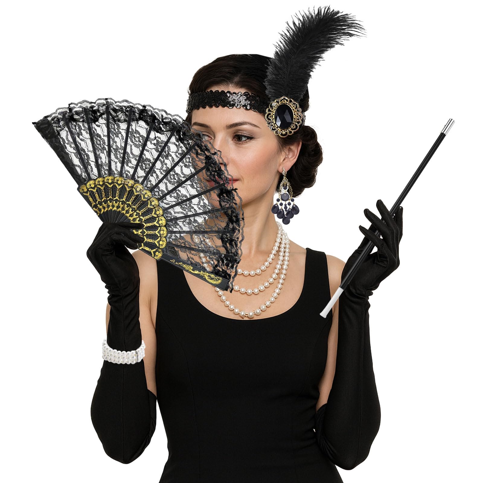 Zestaw akcesoriów Flapper Great Gatsby z lat 20., akcesoria Gatsby, dla kobiet, zestaw tematyczny z opaską na głowę, rękawiczki, naszyjnik, kolczyki, koronka, składany wachlarz, dla kobiet