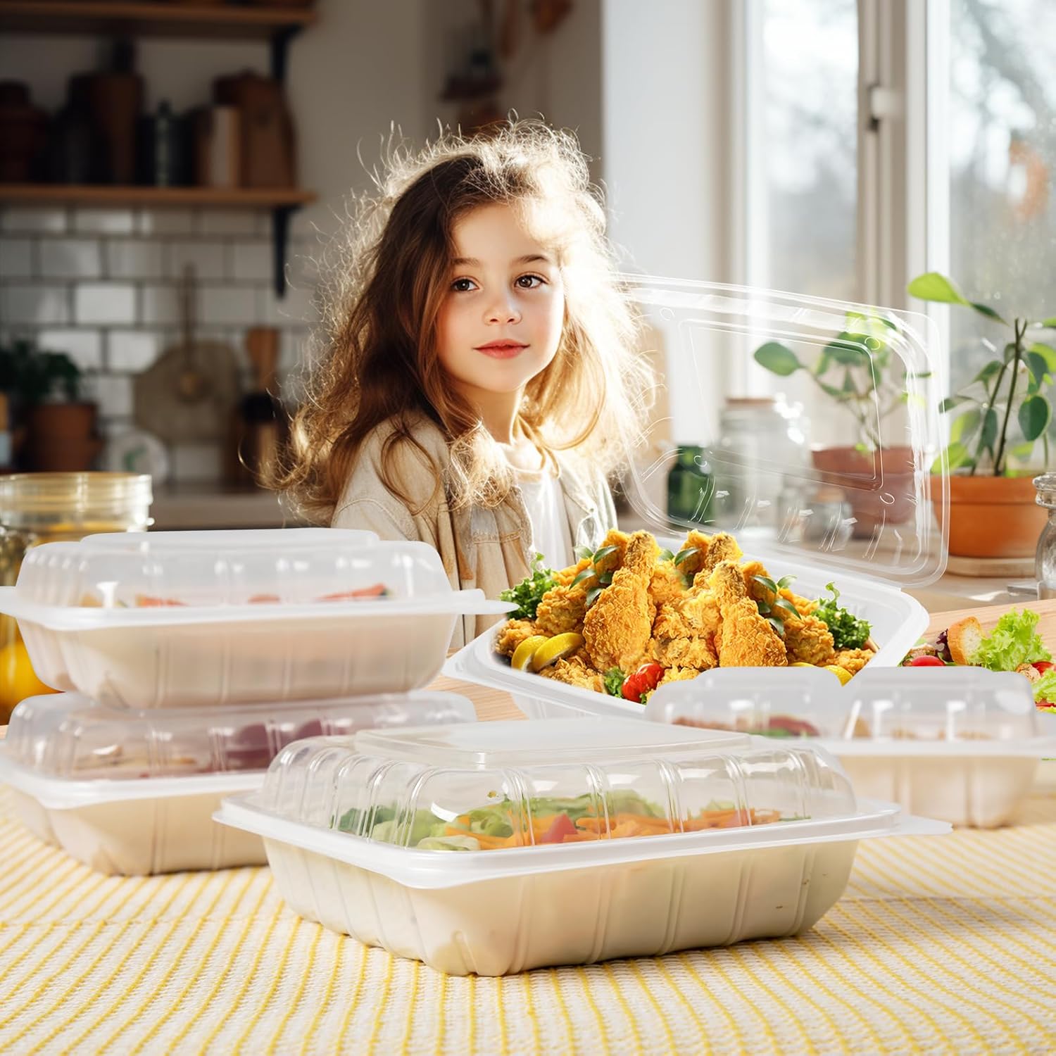 EARTHEATS Clamshell Food Containers, Reusable Anti Fog To Go Containers BPA Free 34oz 8X8 inch Meal Prep White Clear To Go Boxes Microwave Freezer Safe (25 of pack)
