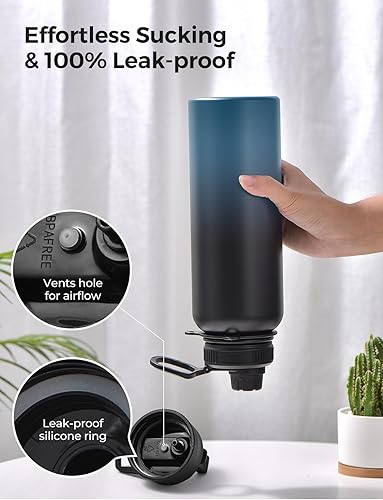 Miniatura 5 de LyriFine Botella de agua deportiva de 40 onzas con asas y correa de paracaídas, tapa de popote y tapa de boquilla, doble pared al vacío que mantiene