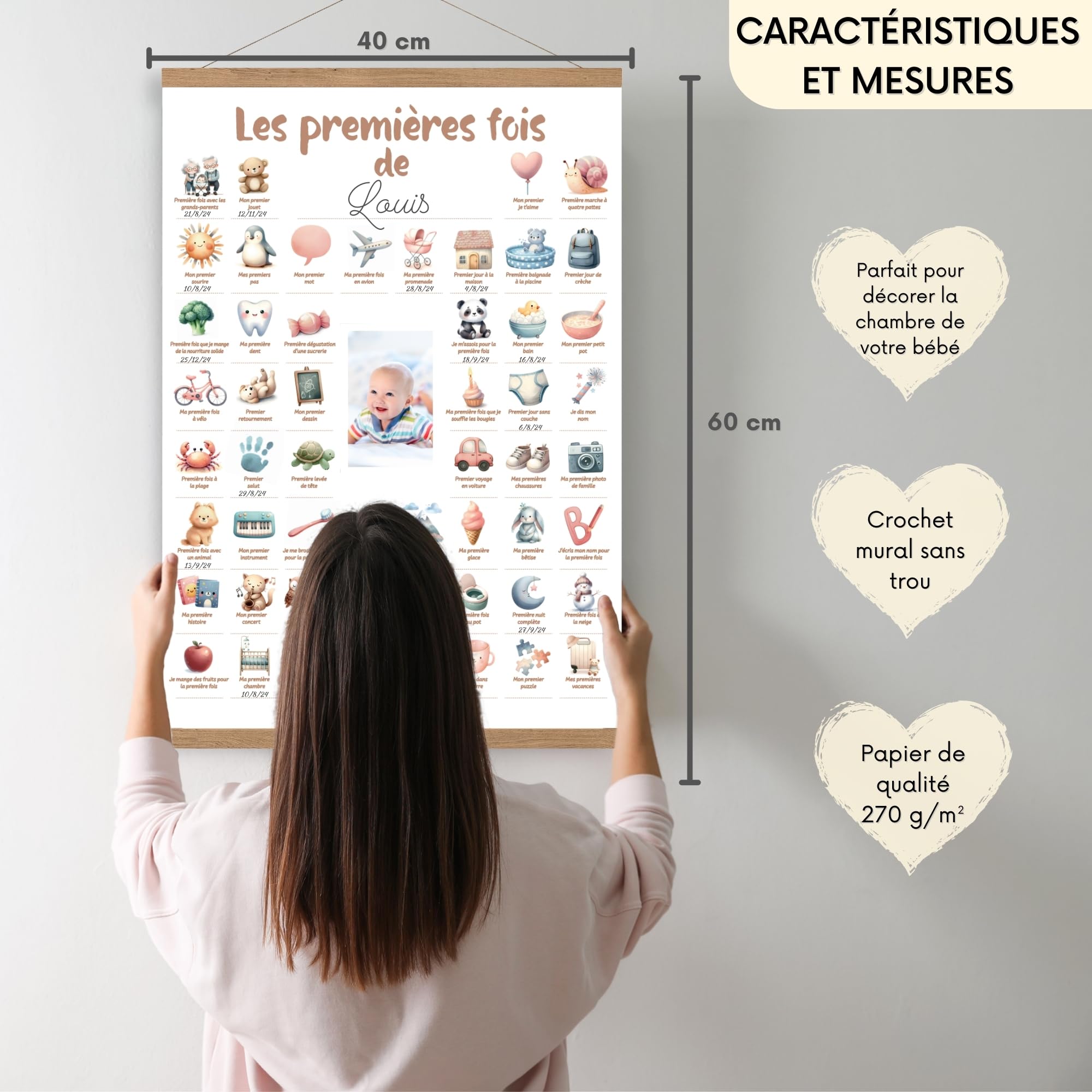 HuBorns - Affiche Mes Premieres Fois Bebe pour Rappeler des Étapes Importantes, Tableau Mes Premières Fois Bébé à Personnaliser, Inclus Bandes Bois pour Accrocher, Parfait comme Cadeau Bebe Naissance