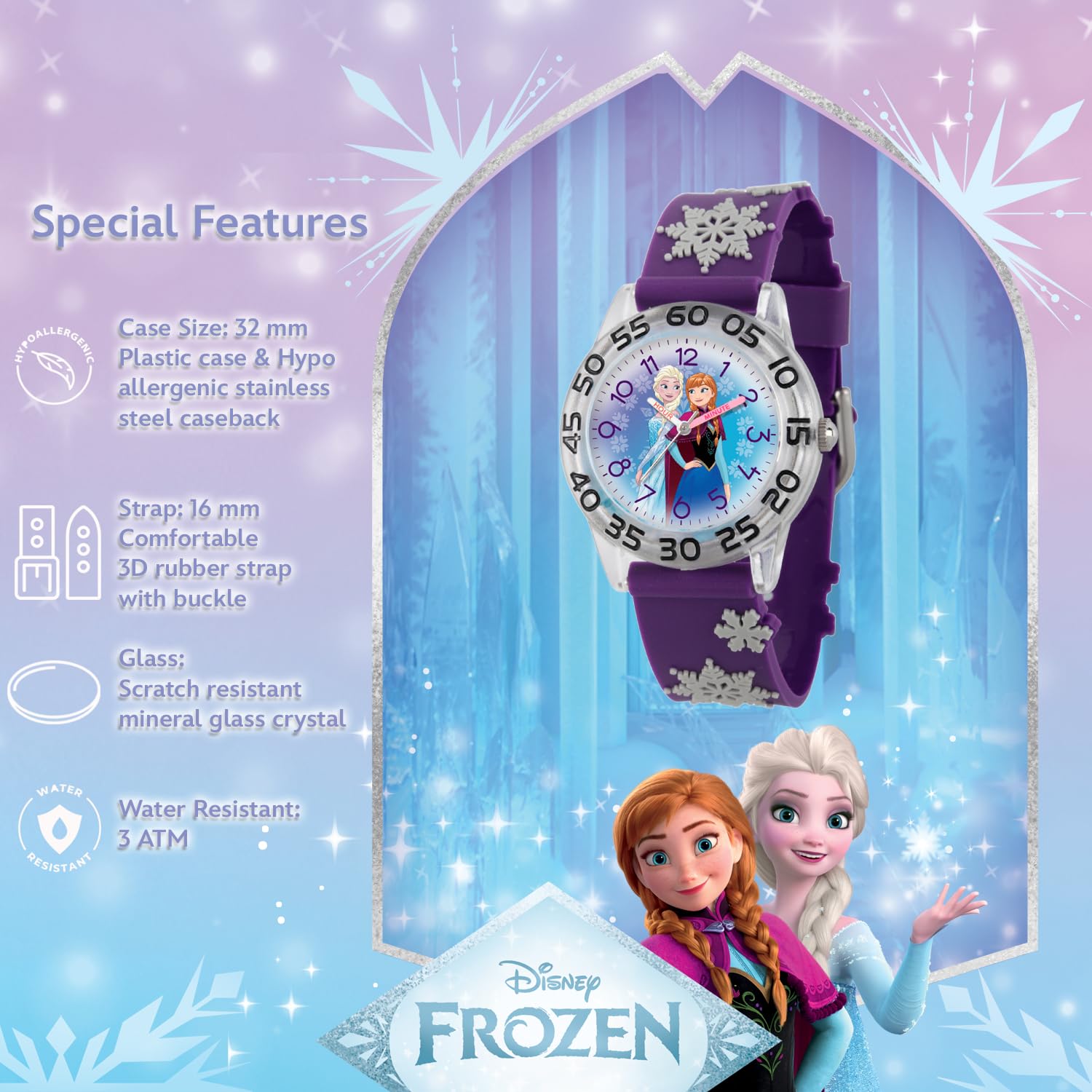 Disney Orologio analogico al quarzo con cinturino in nylon per bambini Frozen, per insegnare l'ora