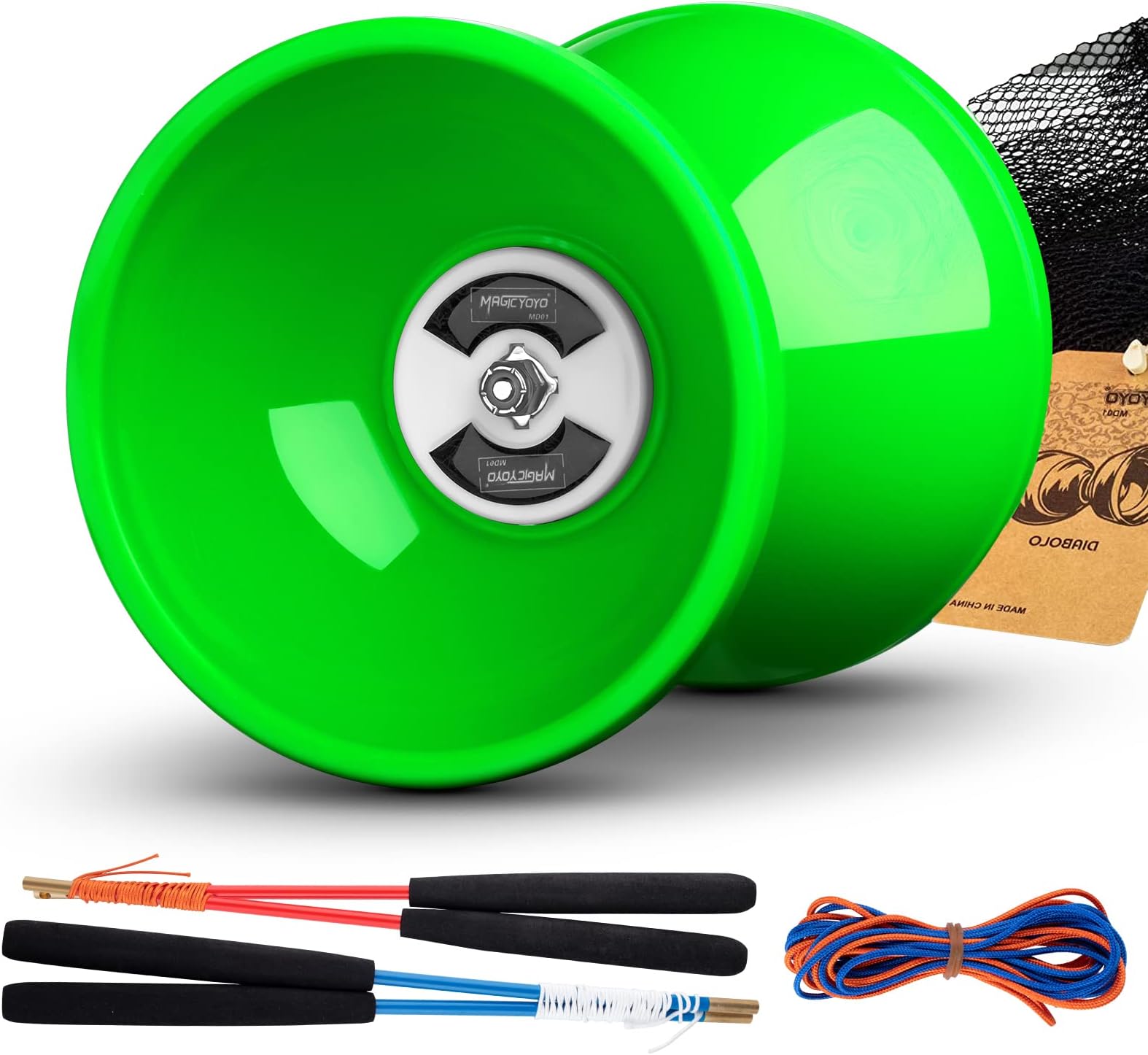 MAGICYOYOPro Triple Bearing Green Diabolo Medium Size 5โ Chinese Yoyo Toy with 2 Pair Carbon Sticks+ 2 Extra Strings +1 Net Bag, High Performance Chinese Yoyo Diabolo Skill Toy