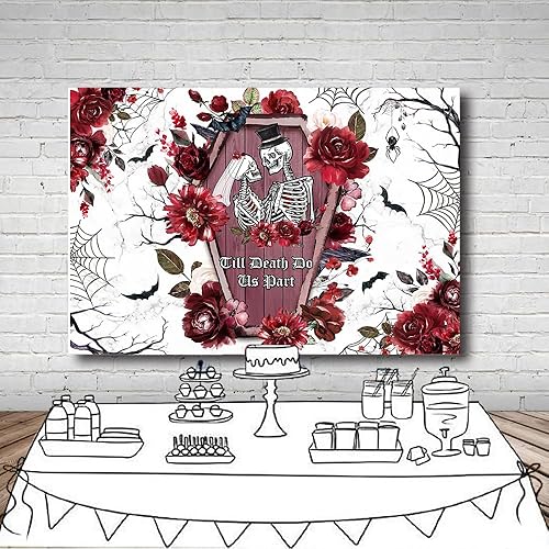 Miniatura 4 de MEHOFOND Telón de fondo de 7 x 5 pies Till Death Do Us Part, decoración gótica de Halloween, fiesta de boda, despedida de soltera, despedida de