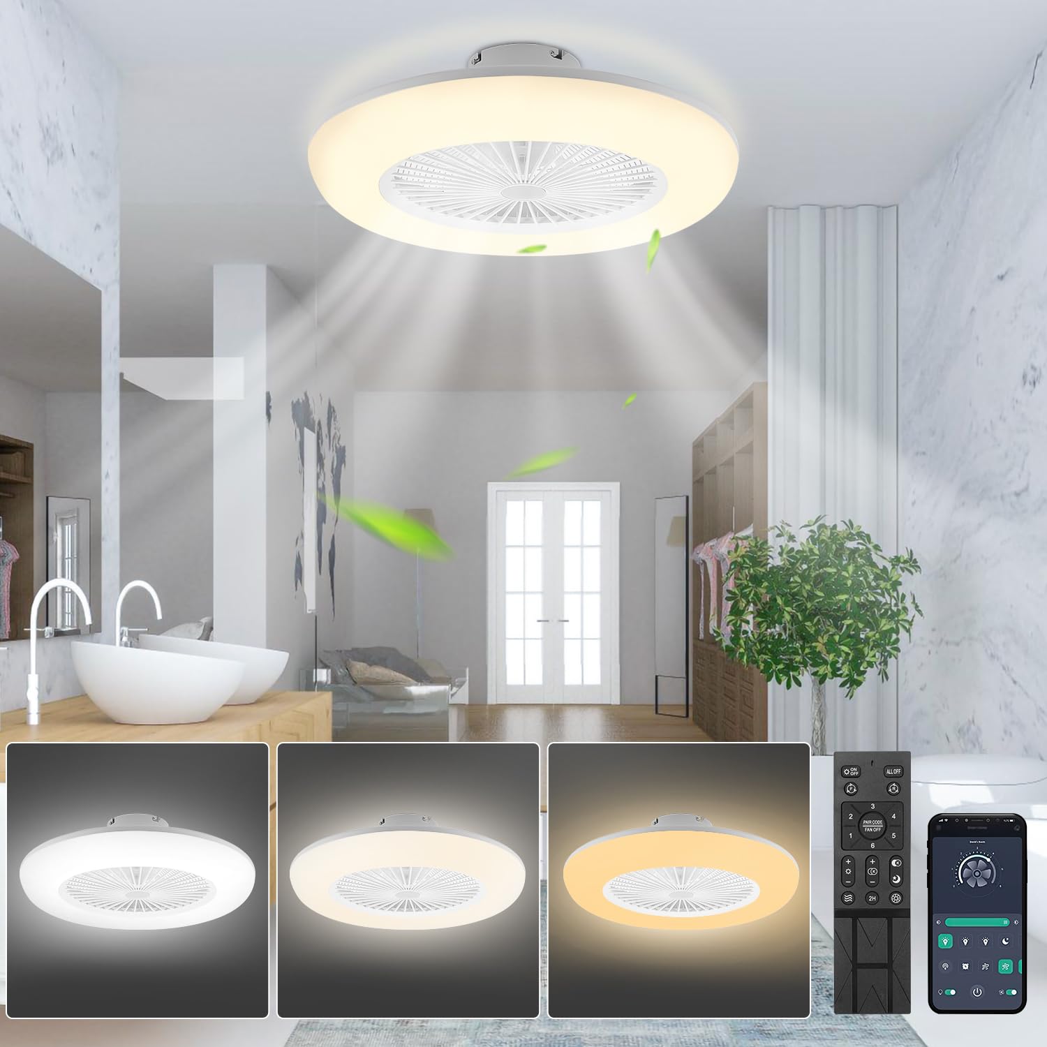 1x Ventilatore da soffitto con illuminazione, luce LED dimmerabile da 80W con telecomando e app, 6 velocità, 3000-6500K, modalità estate e inverno