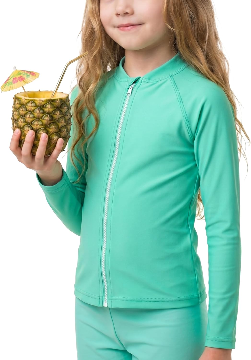 Girls Long Sleeve Swim Shirt UPF 50+ Rash Guard One Piece Zipper Swim Shirt