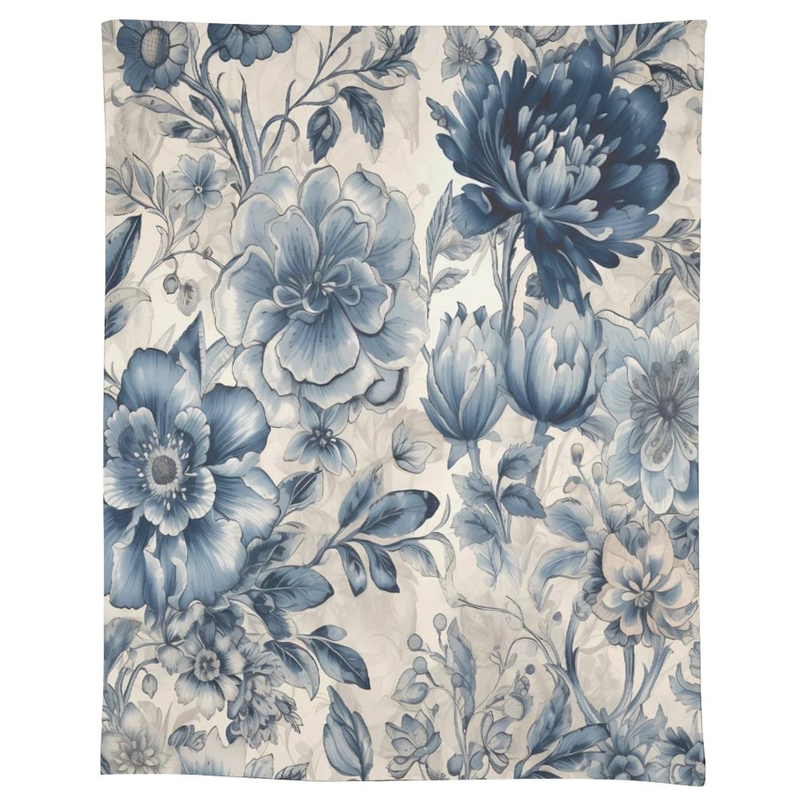 Nappe rectangulaire en lin avec motif floral bleu anti-plis style rustique