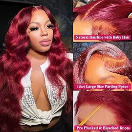A FUTURE TONGMEI 99j Burgundy Lace Front Wigs Human Hair Pre Plucked 13x4 Transparent HD Lace Frontal Wigs with Baby Hair Colored Wine Red Body Wave Lace Front Wigs for Women 180% Density 20 inch