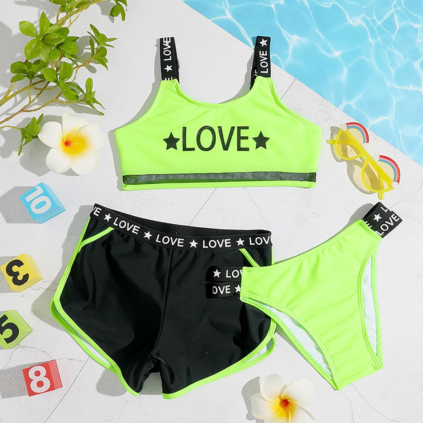 Costume da Bagno per Bambine in 3 Pezzi con Reggiseno Sportivo e Stampa Lettere, Bikini Due Pezzi alla Moda per Spiaggia e Piscina, Tessuto Morbido e Asciugatura Rapida, Taglie 5-10 Anni
