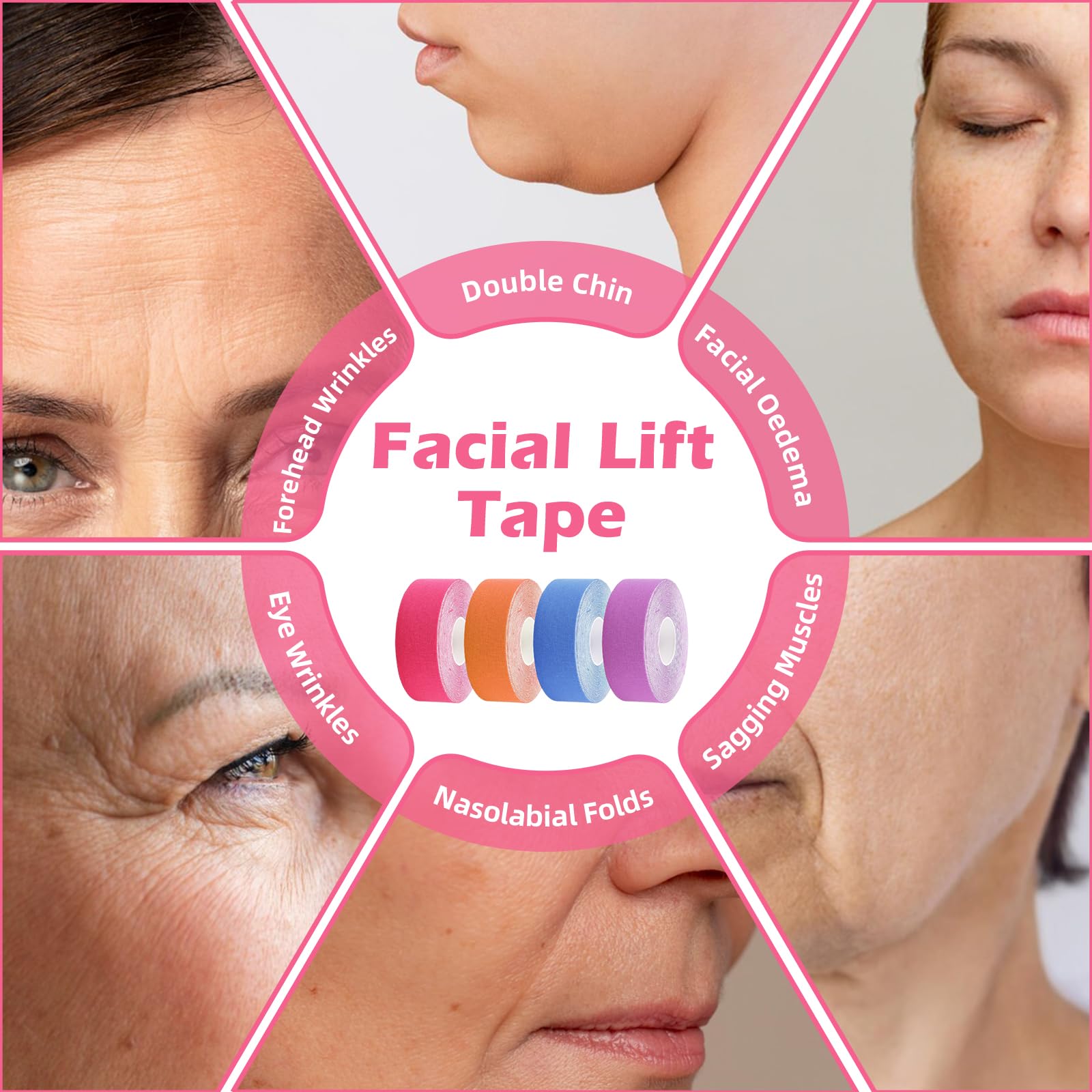 4 Rollos de Cintas Kinesiologicas Faciales y 1 Par de Tijeras,Parche Facial Antiarrugas 2.5cm×5m,Tiras de Lifting Facial,Multifuncional y Alta Elasticidad,Esparadrapo Facial Antiarrugas