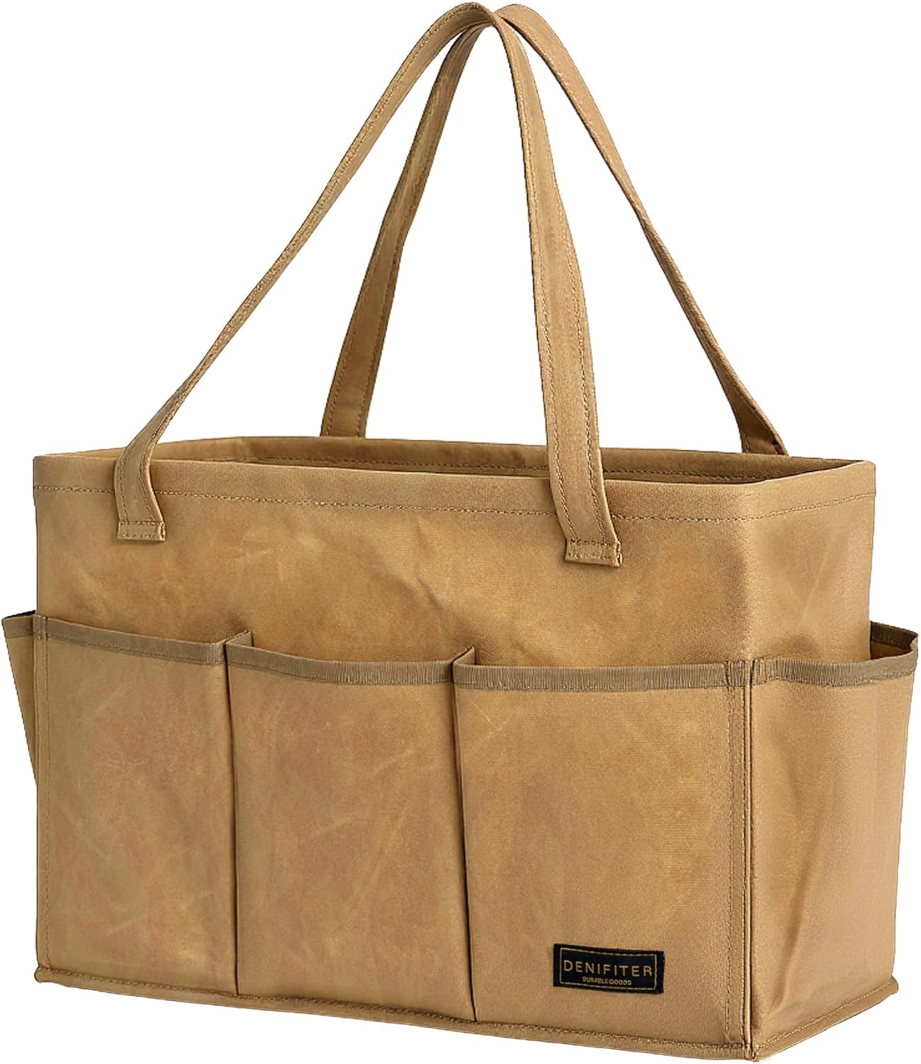 Denifiter Heavy-Duty 16-oz Waxed Canvas Tool Bag with Metal Frame - Collapsible Organizer Tote Bag(Khaki | 15.5"x7.5"x10.5")