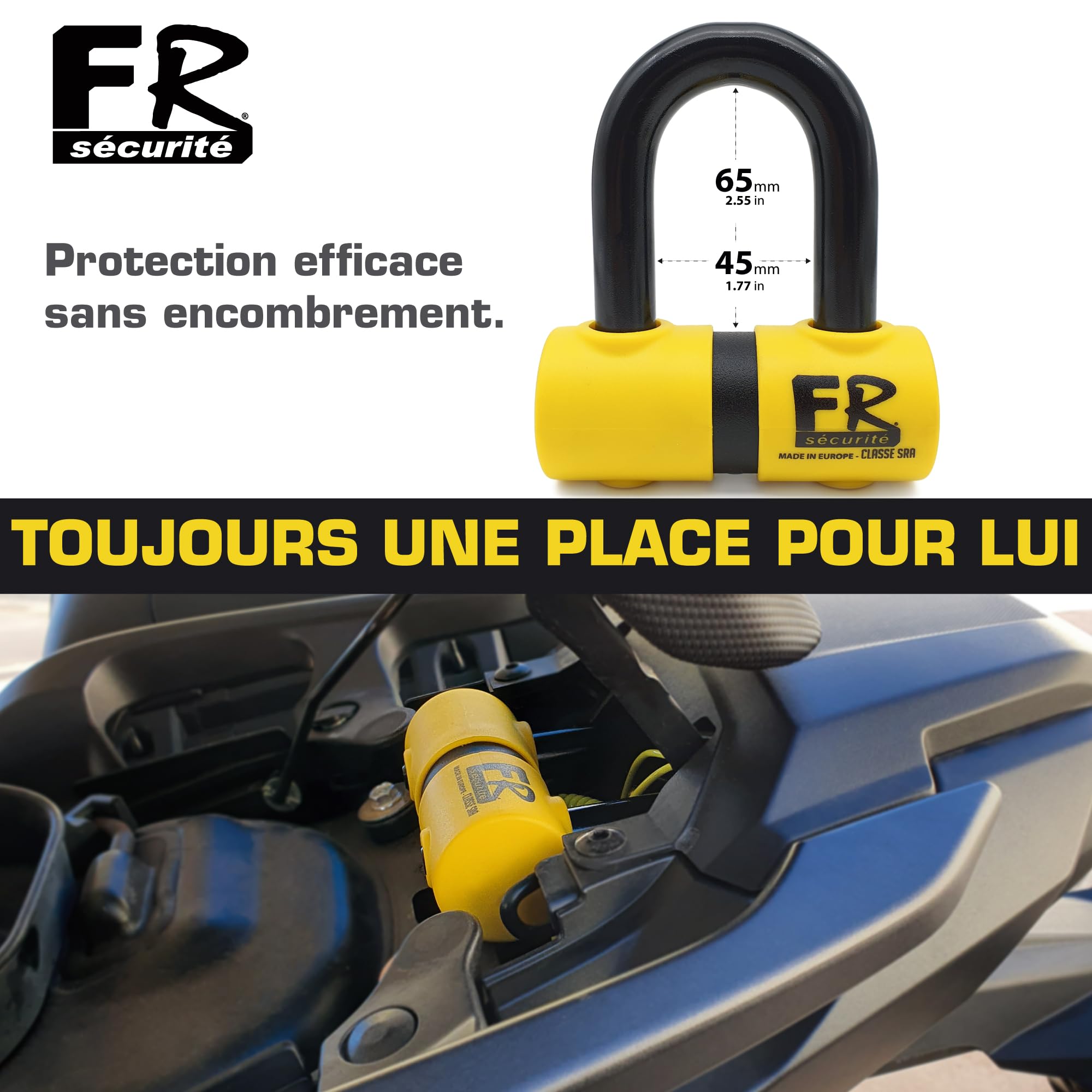 FR SECURITE FR50 Candado Moto Disco Mini U Homologado SRA, Arco ø18mm de Acero Templado, Doble Cierre, Cerradura Alta Seguridad Antiganzúa, Cable Recordatorio, Bloqueo Antirrobo Cepo Disco Freno