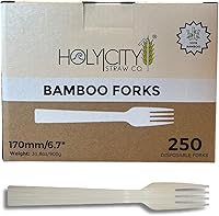 Vista 1 de Tenedores de bambú 250 unidades 6.7 pulgadas Utensilios biodegradables Compostables y sin plástico Ideal para la industria de servicios