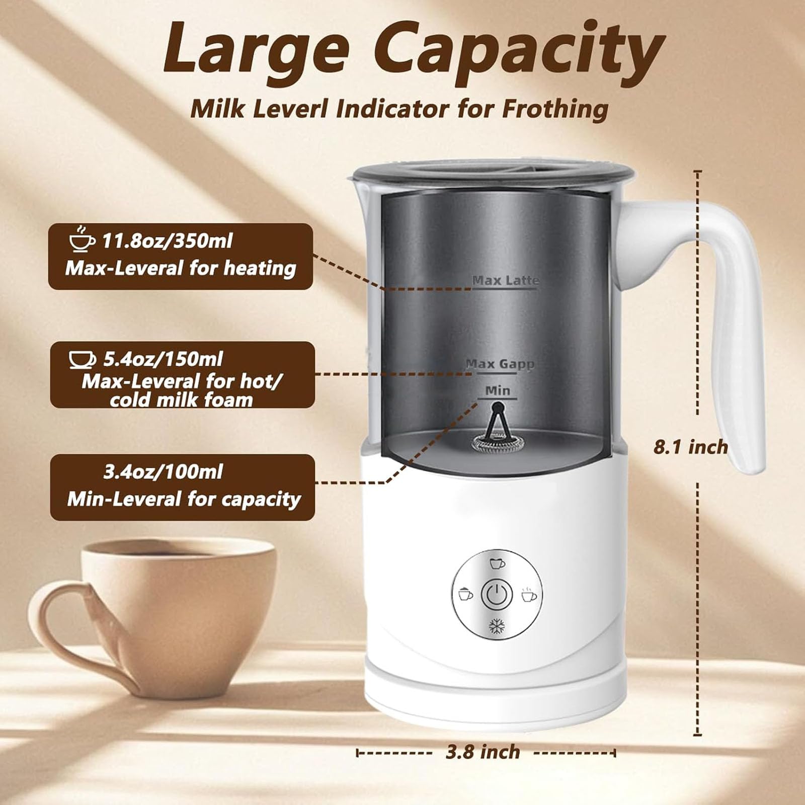 Montalatte elettrico da 350 ml, schiuma calda e fredda