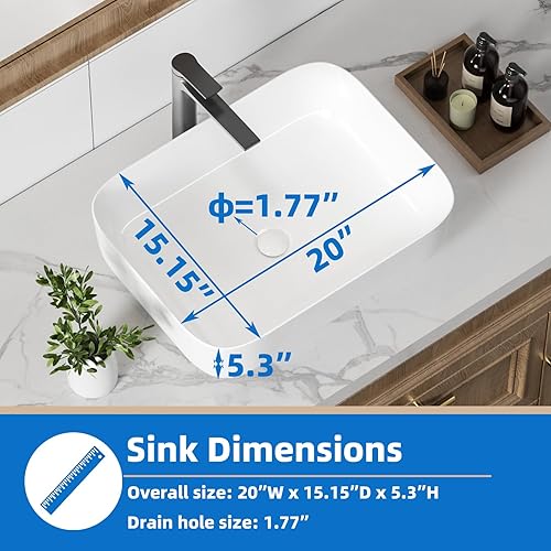 Miniatura 12 de KINGWONG Fregadero de encimera de 24 pulgadas para baño, lavabos de baño rectangulares modernos, poco profundos, de porcelana de cerámica blanca
