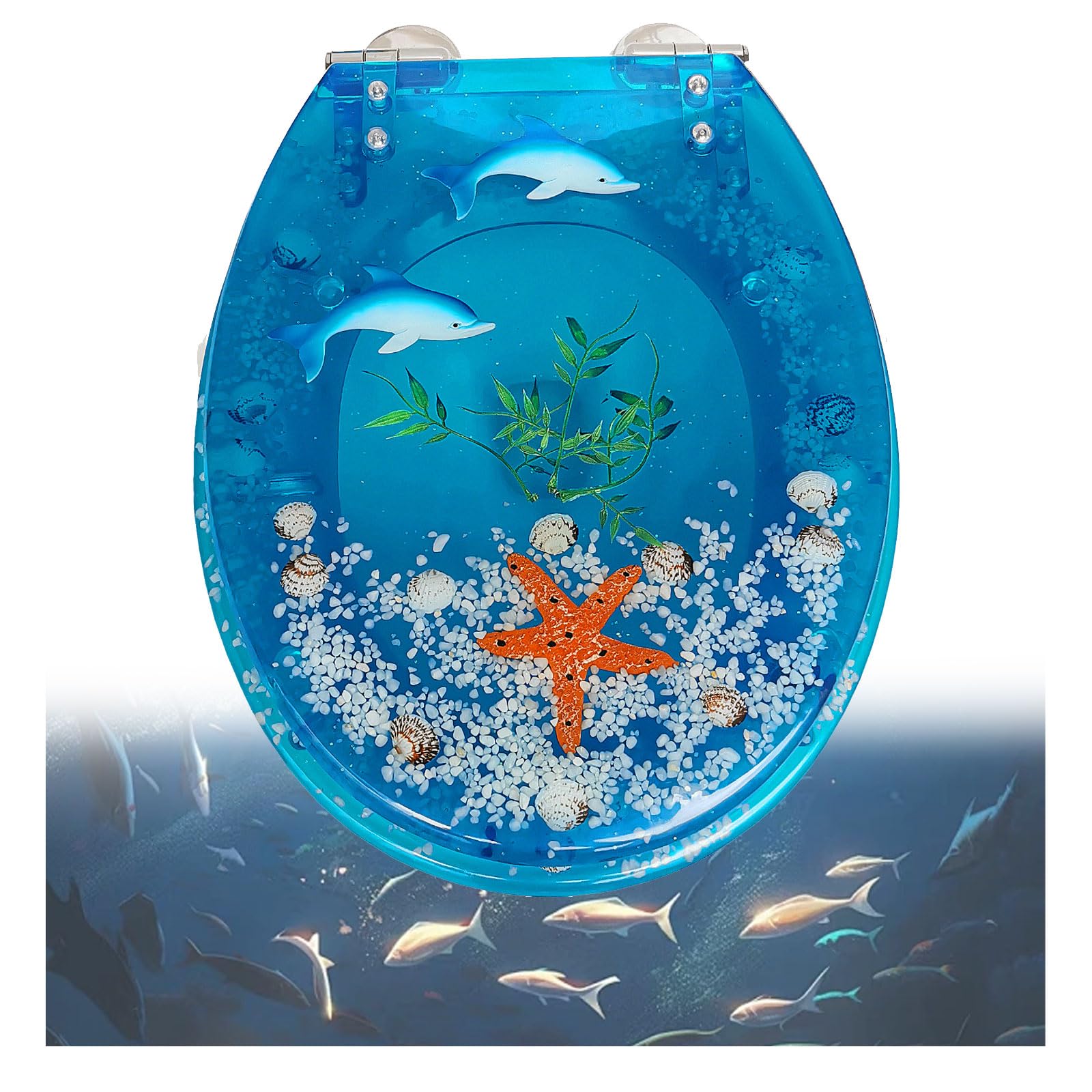 Abattant WC avec Abaissement Automatique, avec Fonction D'abaissement Lent Et De Fermeture en Douceur, Verres De Toilette en Résine Étoiles en Coquillage Bleu Clair