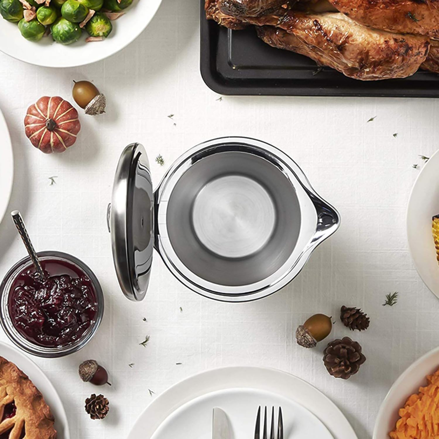 304 Roestvrijstalen Thermische Sauspot, Juskom Serveerkan met Deksel Dubbelwandige Saus Juskompot Serveerkan Emmer voor Jussap Tomatensaus Saladedressing(Small 450ml