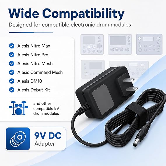 9V DC 2A Power Adapter for Alesis Nitro Max, Nitro Pro, Nitro Mesh, Command Mesh, DM10 and Debut Kit Electronic Drum Module, Replacement Power Supply Cord with Barrel Plug