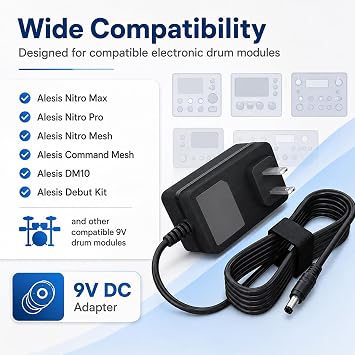 9V DC 2A Power Adapter for Alesis Nitro Max, Nitro Pro, Nitro Mesh, Command Mesh, DM10 and Debut Kit Electronic Drum Module, Replacement Power Supply Cord with Barrel Plug