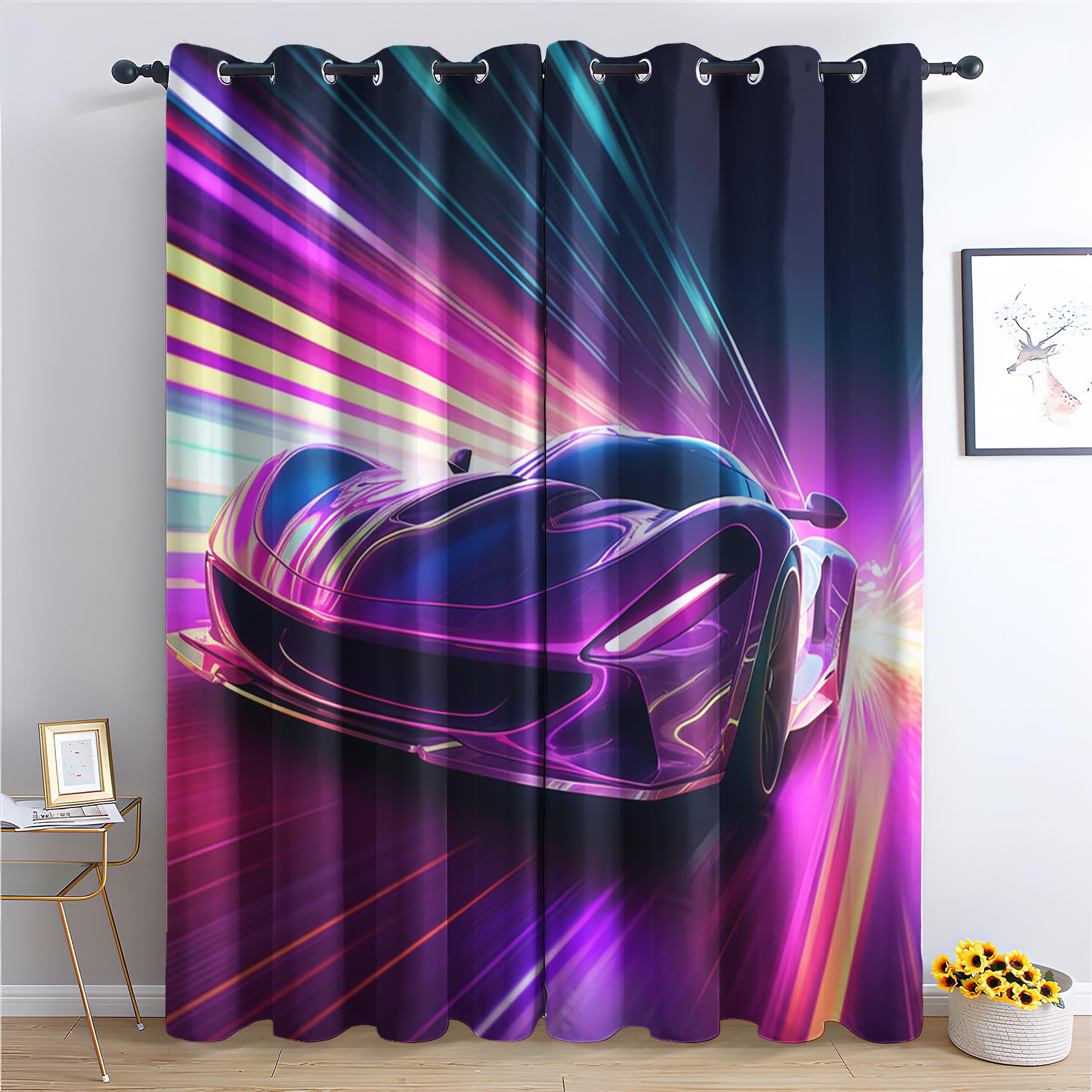 QEODAH Race Car Bedroom Curtains Blackout - Boys Sports Car Neon Gaming Living Room Curtains 46x54 Eyelet - Soft Thermal Insulated Patterned Drapes for Windows - 2 Panels