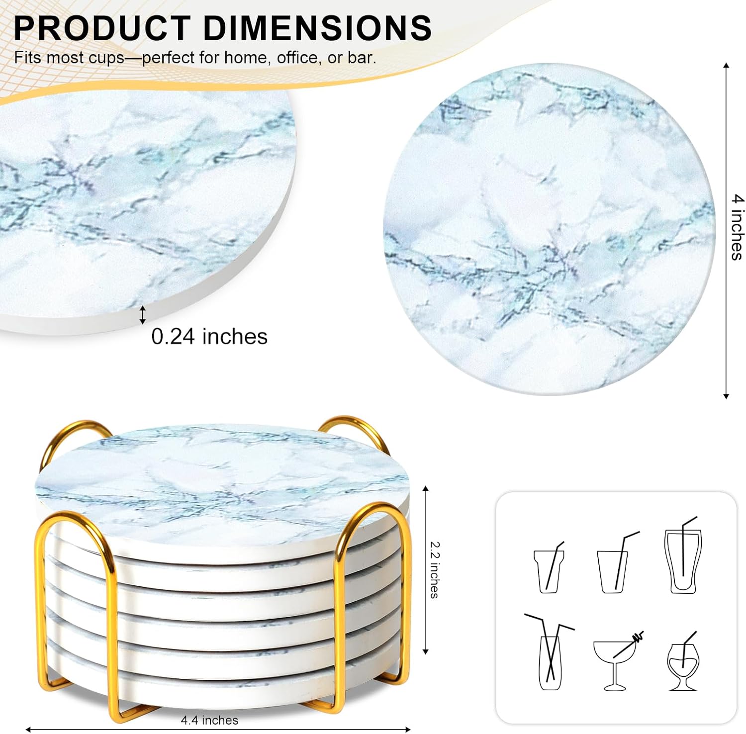 Ceramic Coasters Set of 6 with Holder, Marble Style, Absorbent Drink Coaster for Home Decor, Car, Cups, Mugs and Glasses (Grey Marble) - Image 5