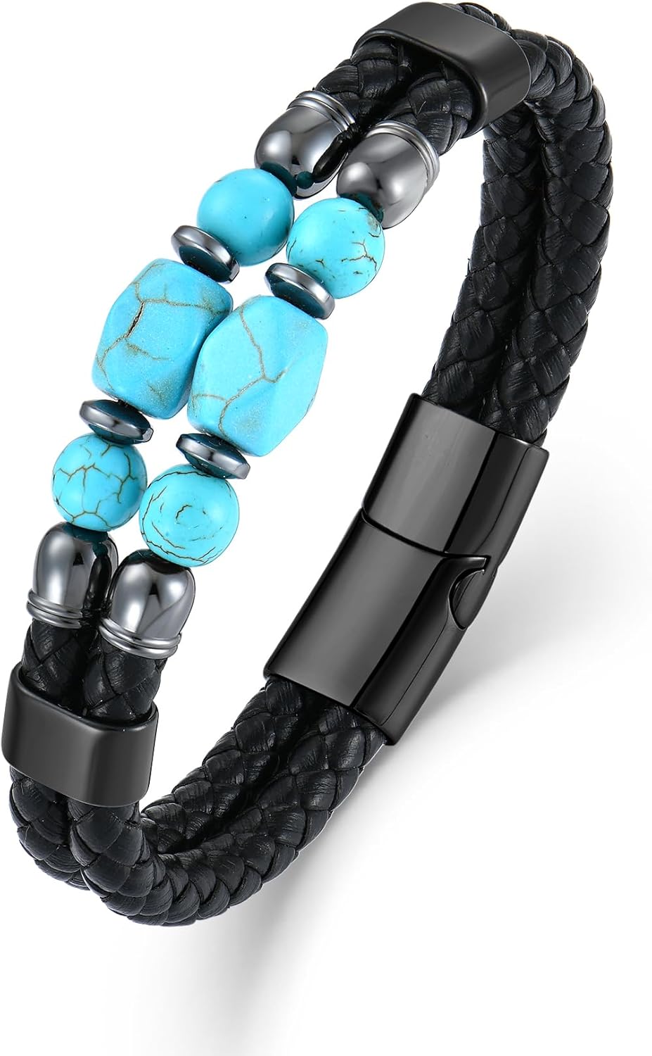 Men's Leather Bracelet, Turquoise/Lapis Lazuli/Tiger Eye/Black Agate/Obsidian Black Braided Bracelets