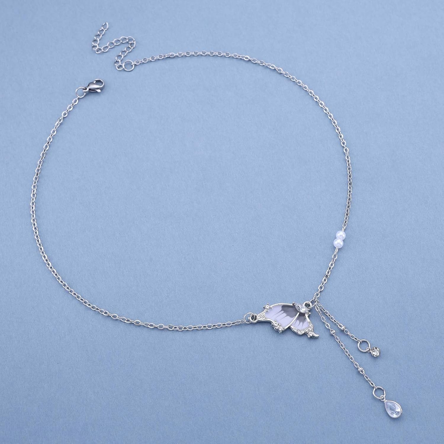 Bohemian Crystal Butterfly Choker Necklace Silver Butterfly Pearl Pendant Necklace Blue Enamel Butterfly Necklace Teardrop Cz Tassel Chain Necklace Jewelry for Women Gifts - Image 4