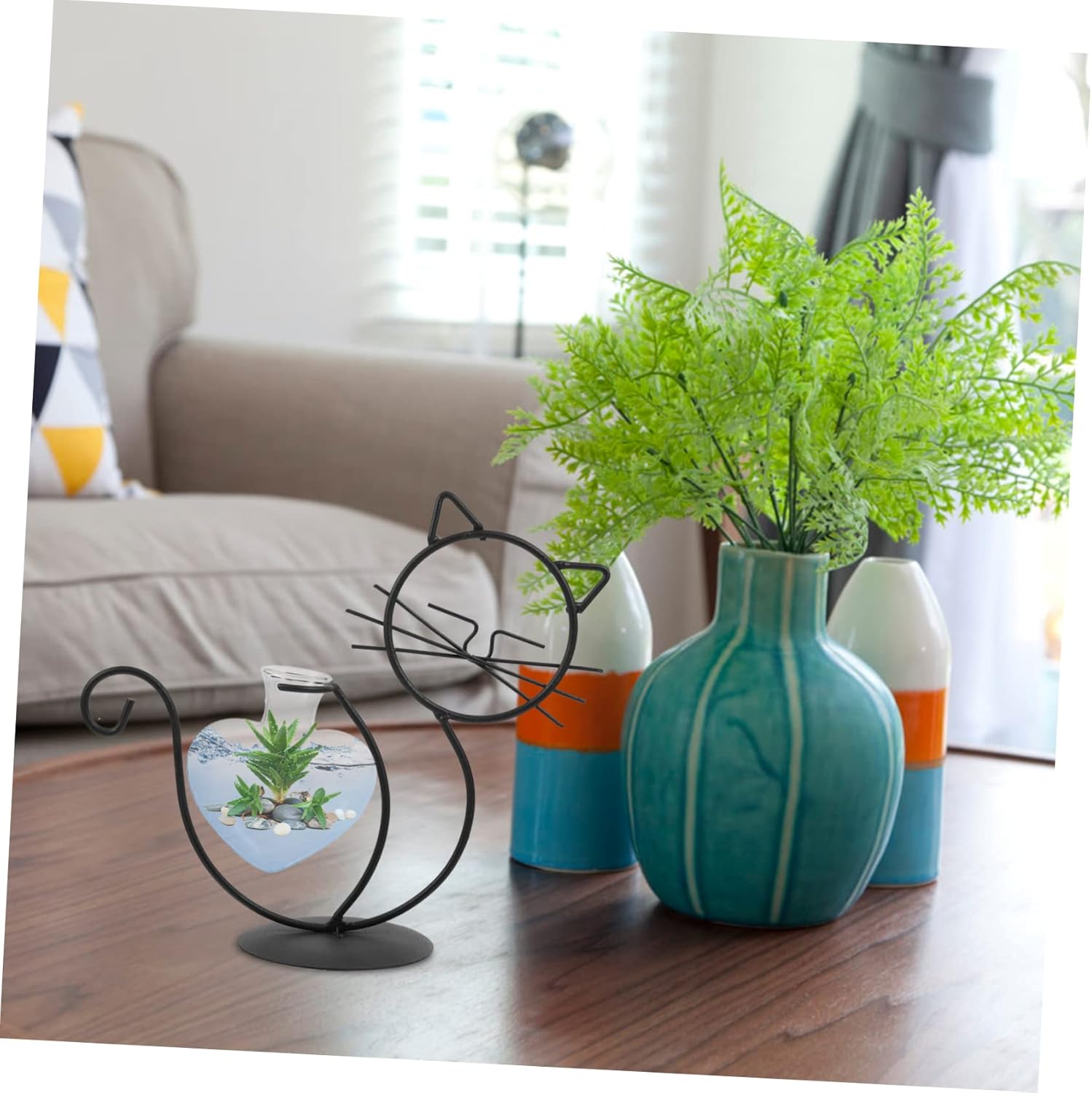 BESTOYARD 2pcs Cat Wrought Iron Vase Desktop Plant Terrarium Flowers Vase Air Plant Hanger Iron Art Frame Vases Cactus Decor Iron Succulent Terrarium Glass Simple Flower Arrangement, As Shownx2pcs