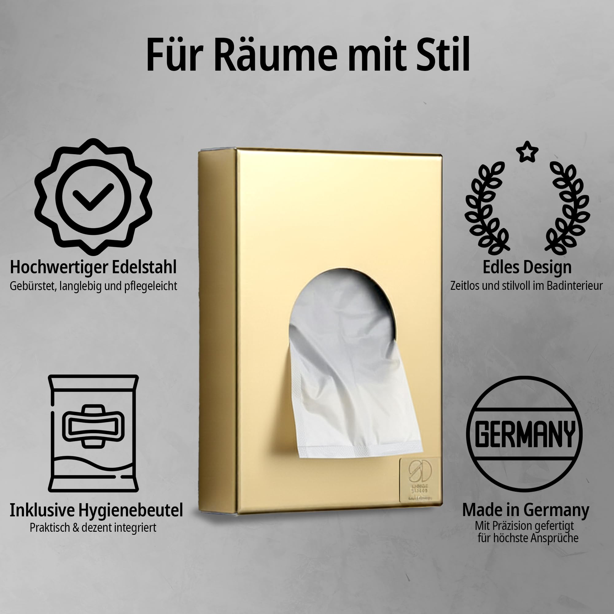 Hygienebeutelspender aus Edelstahl - Spender in Goldoptik, kompakter Spender für Hygienebeutel für Damenbinden und Tampons, hergestellt in Deutschland