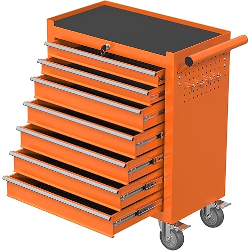 7-Drawer Rolling Tool Chest with Wheels, Metal Tool Storage Cabinet with Lock&Keys and Swivel, Toolbox with Drawers, Tool Box for Warehouse,Garage, Repair Shop, Workshop (Orange,7-Drawer)