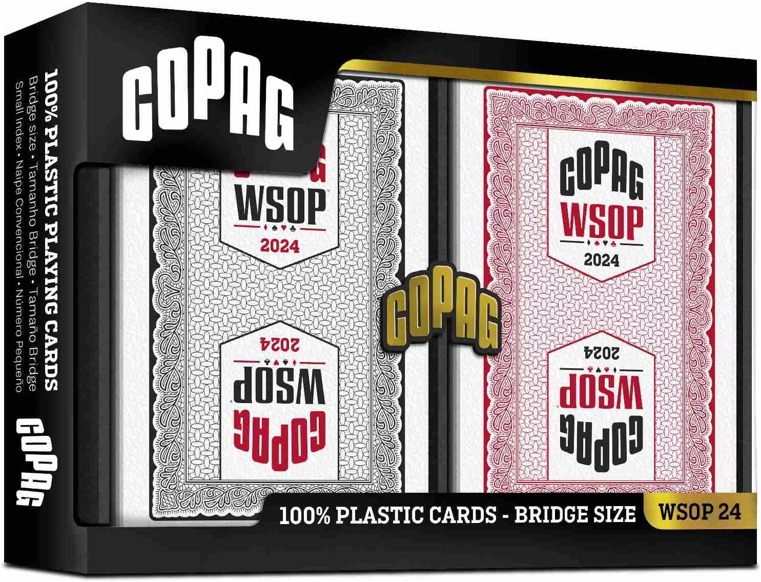 Copag WSOP 2024 Traditional Design 100% Plastic Playing Cards - Narrow Size (Bridge) Regular Index Black/Red Double Deck Set