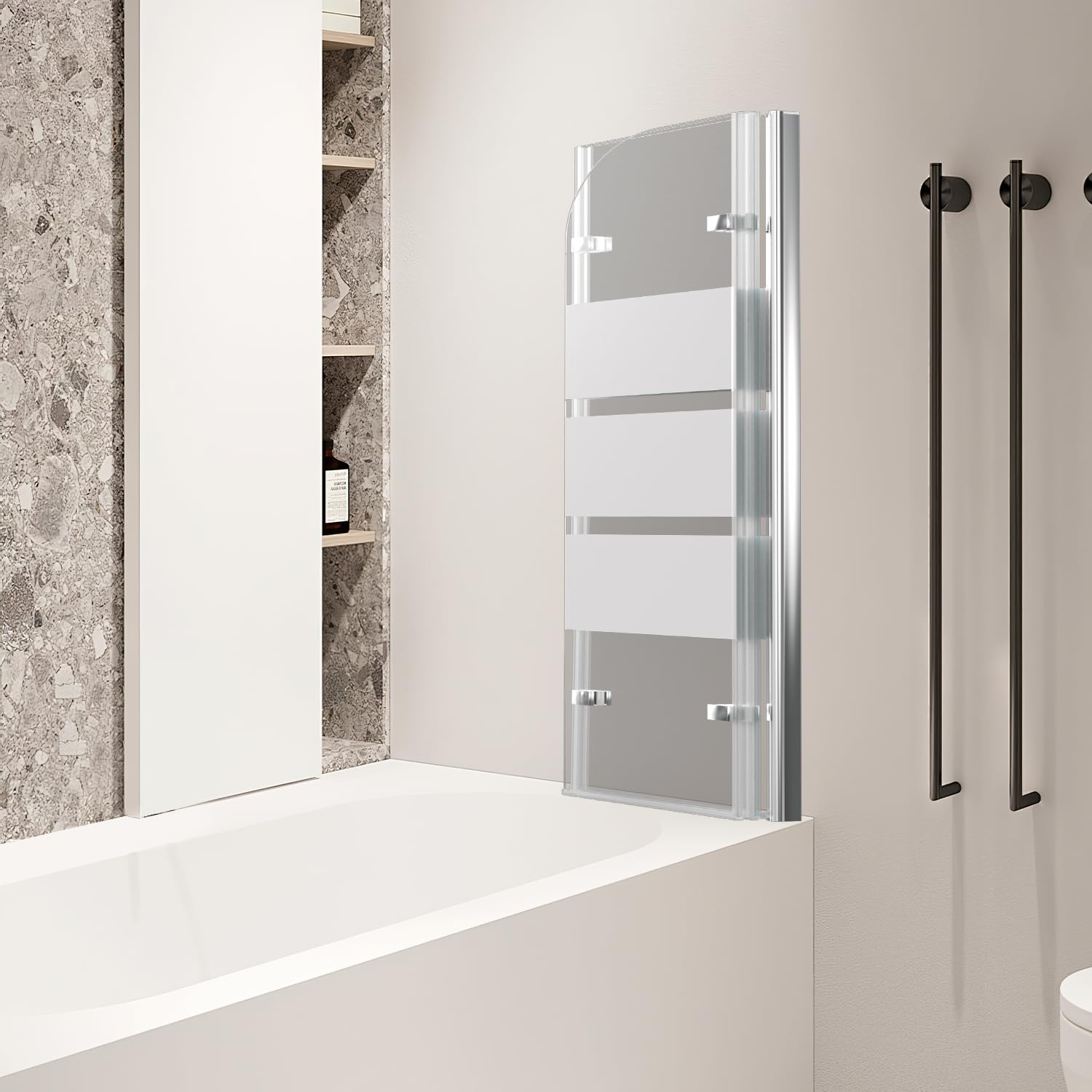 Mampara de ducha plegable para bañera, 120 x 140 cm, 3 piezas, cristal de seguridad (EGS), diseño de rayas blancas