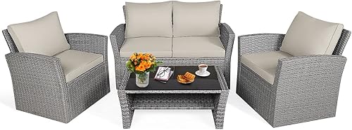 Tangkula Juego de 4 muebles de patio, para todo tipo de clima, juego de sofá seccional de ratán con cojines y mesa de vidrio templado, juego de sofá