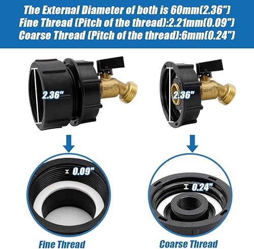 Miniatura 4 de KAKSEY IBC Tote Fittings, adaptador de tanque IBC de 2 pulgadas, rosca fina (NPT adaptador fino x rosca gruesa) + válvula de grifo de manguera de