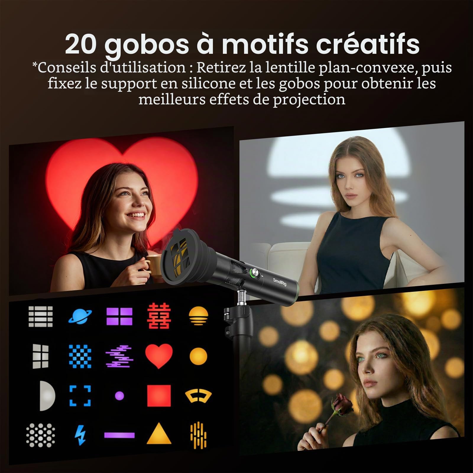 SMALLRIG RF20C Lampe de Poche LED Portable RVB 20 W Intensité Variable 5 Couleurs CRI 97+, TLCI 99+, 10 000 mAh Zoom avec gobos et Support pour GoPro en Silicone vidéo, créateur de Contenu - 5335