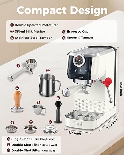 Miniatura 9 de Tuni Máquina de café espresso E2 de 2.283 in - Caldera doble (espuma de leche inmediata)  Control de temperatura PID NTC  Bomba ULKA de 20 bares