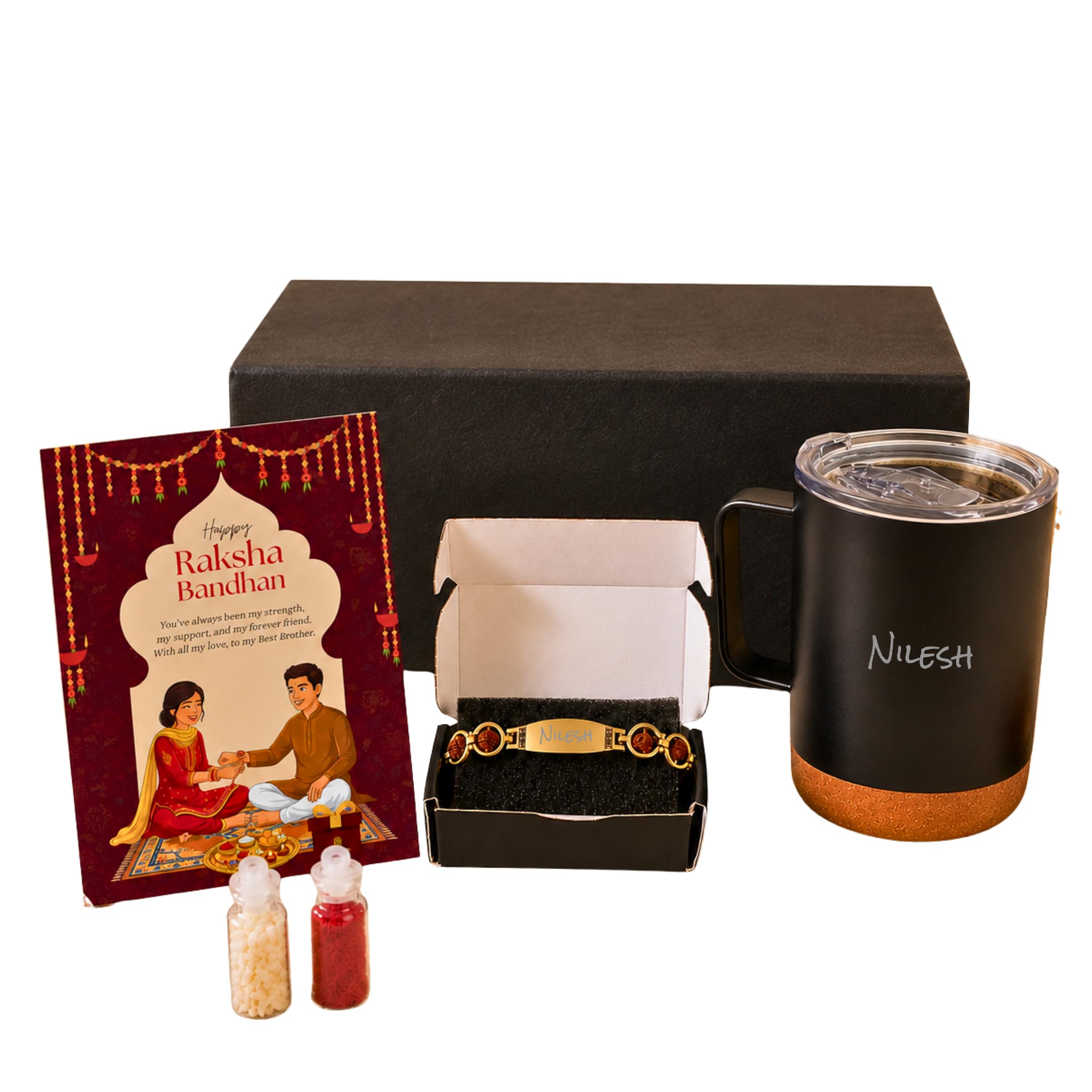 Personalised Rakhi Gift Hamper for Brother | Custom Name Engraved Rudraksha Bracelet Rakhi With Coffee Mug with Greeting Card, Roli Chawal | Premium Rakhi Gift Box-image-28