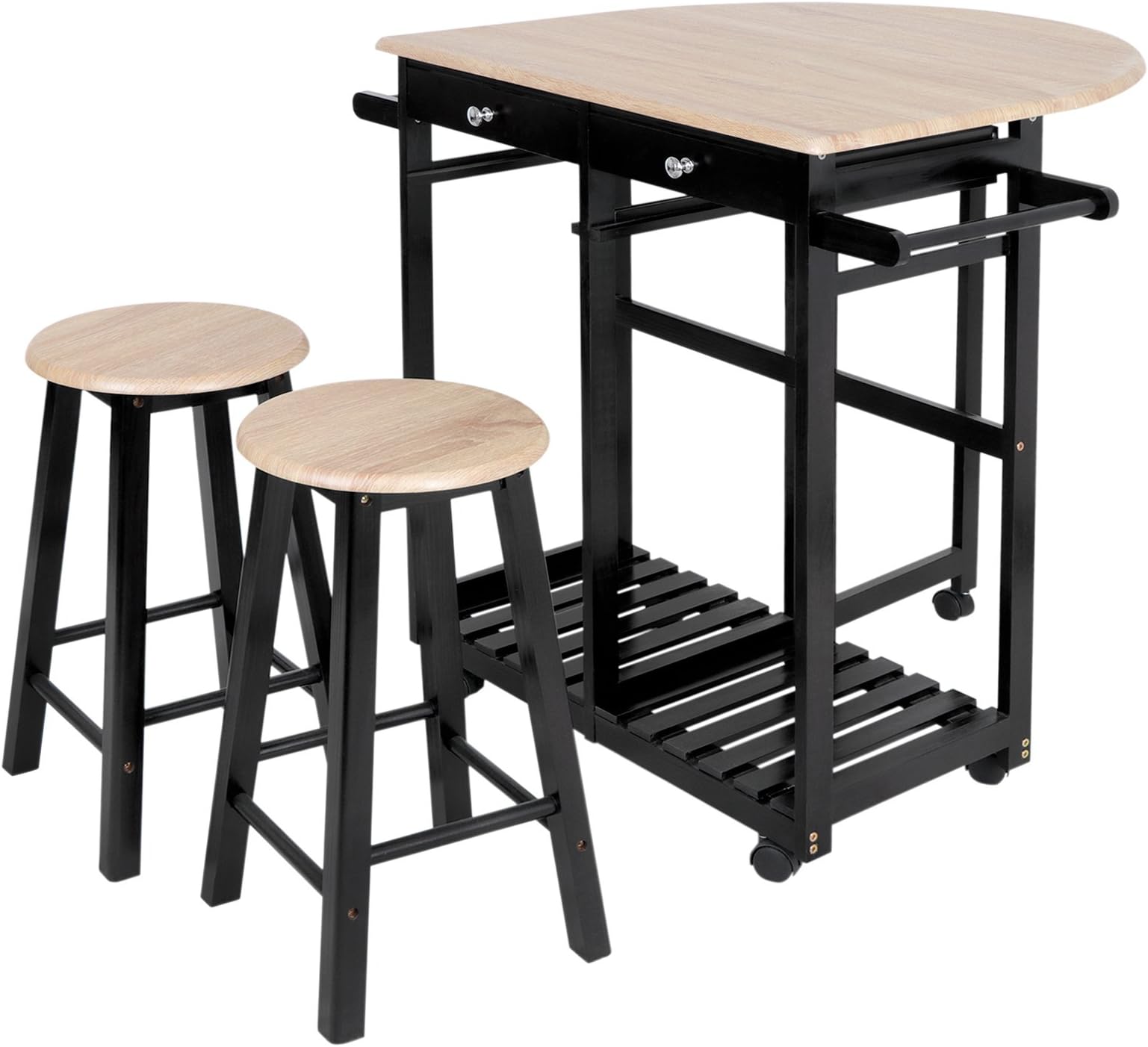 3-Piece Rolling Kitchen Island Trolley Cart Set Breakfast Bar Cart Drop-Leaf Folding Table w/2 Stools and 2 Drawers, Enjoy Indoor & Outdoor Dining at Anytime