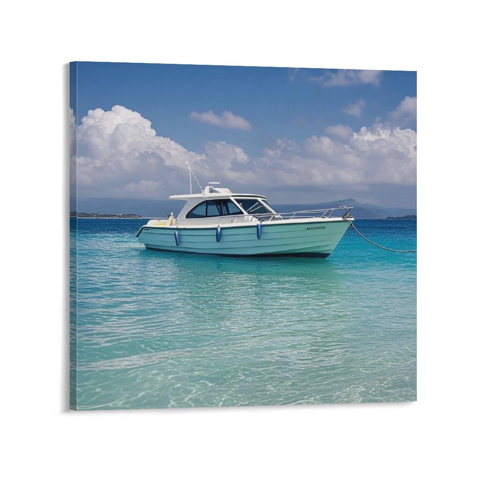 KLOPH White Boat on Blue Sea Canvas Wall Art for Living Room 10x10inch Modern Artwork Painting for Bathroom Hanging Canvas Prints Aesthetic Wallart for Bedroom Kitchen Office Wall Decor