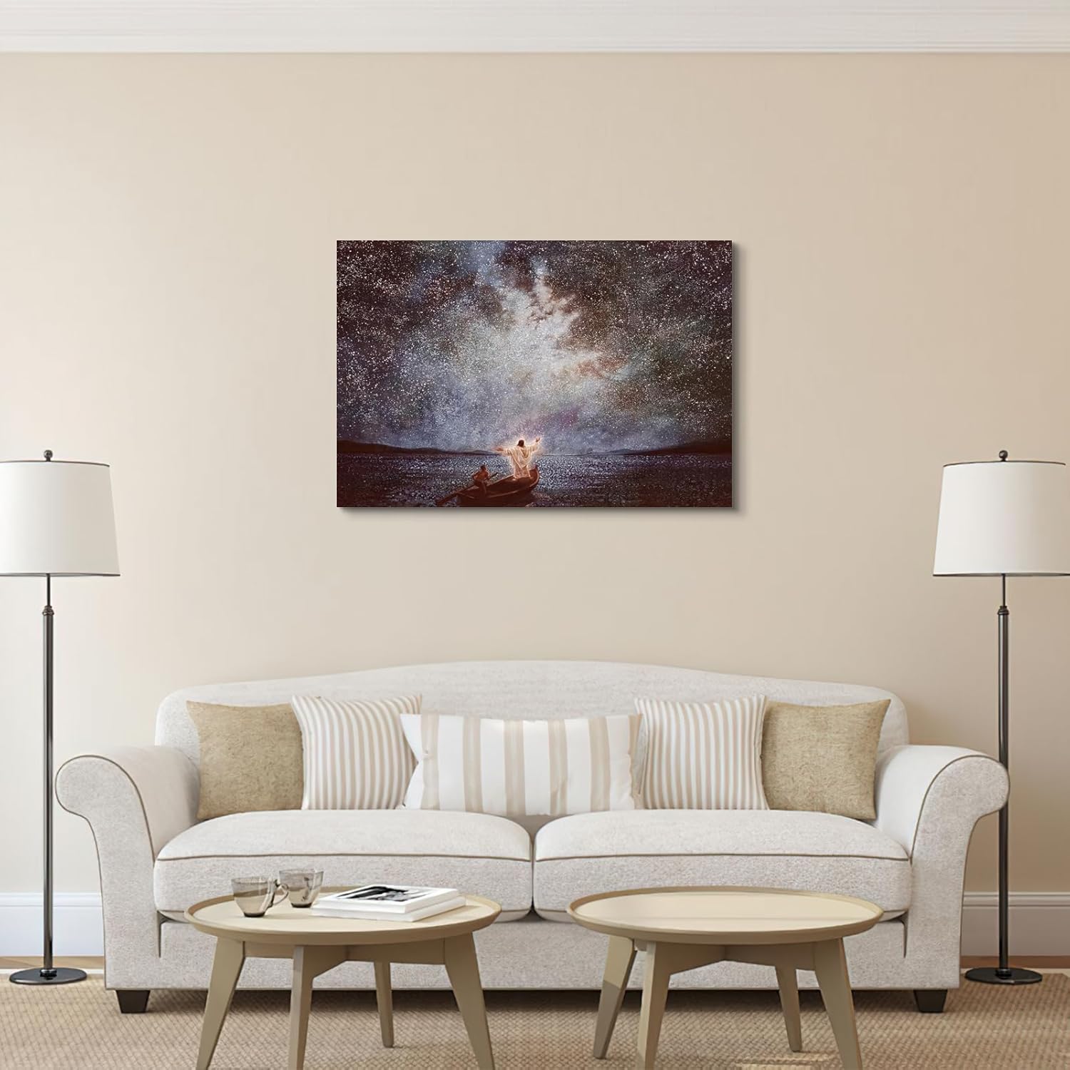 CanvasGarden - Jesus Wall Art Canvas Calm and Stars Christian Picture Religious Poster Canvas Print,Framed Artwork for Living Room Bedroom Aisle Decor,16x12Inch