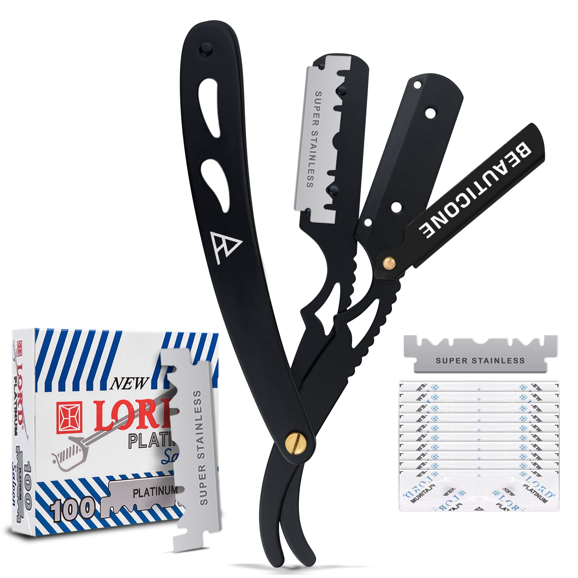 BEAUTICONE Straight Razors for Men, Straight Edge Razor, 100 SingleEdge Blades, Stainless Steel, Barber Razor for Men's Shaving, Barber Shaving Knife, Swinglock