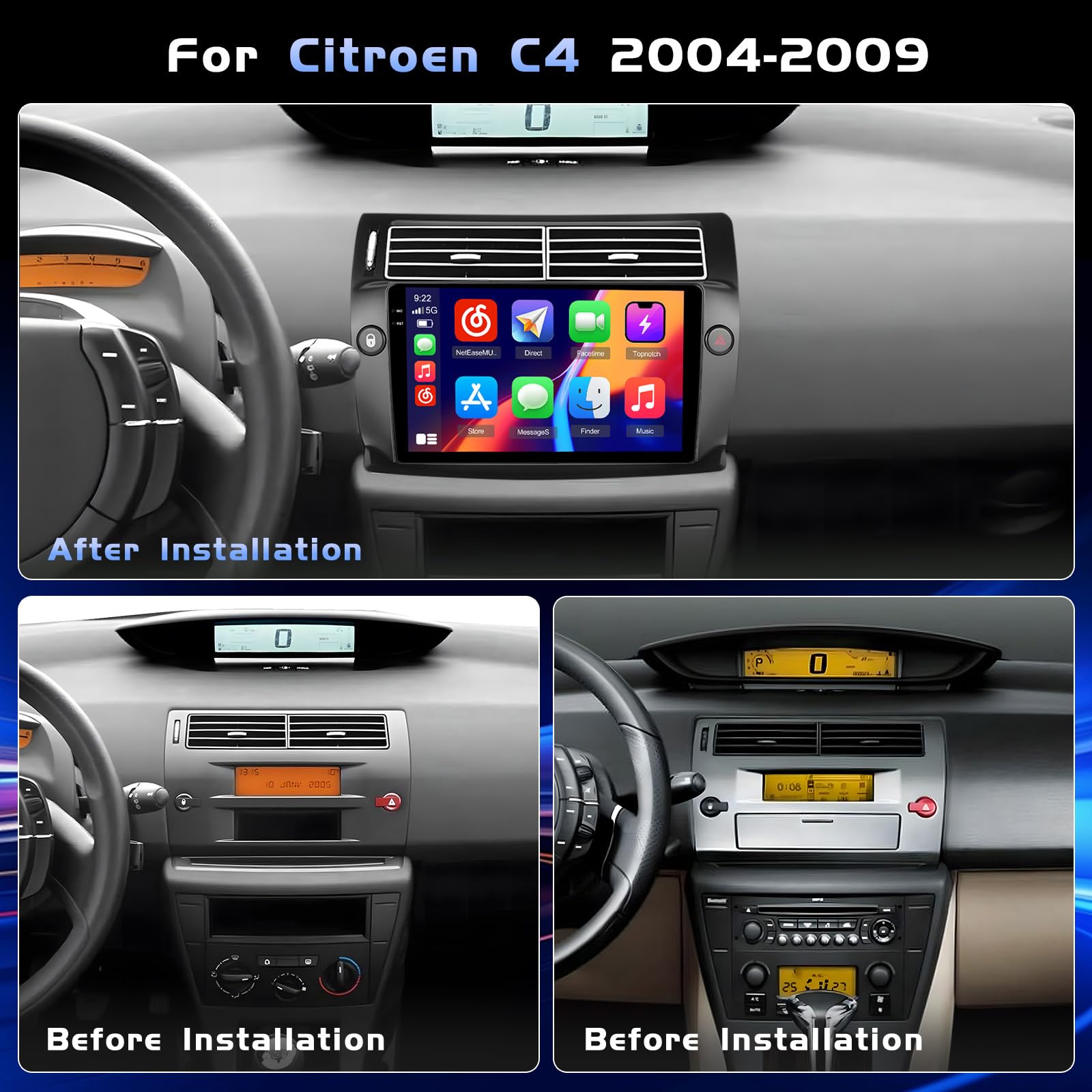 Hikity 4+64G Android Radio Coche para Citroen C4 2004-2009 Inalámbrico Carplay, Pantalla Táctil Incell 9 Pulgadas Android Auto/Bluetooth 5.0/GPS/FM/RDS/Cámara Trasera