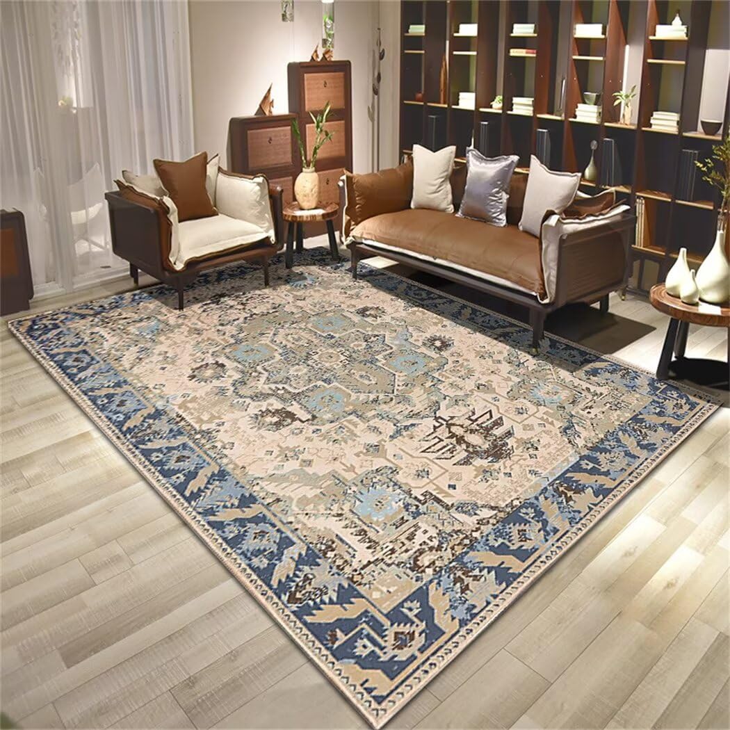 Tapis de salon bleu 180X230cm grand format lavable pour chambre enfant style vintage