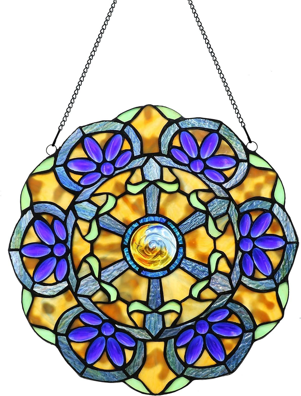 12 Inch Round Stained Glass Window Panel Tiffany Style Ornament Handmade Flower Suncatchers for The Windows Or Wall,Purple and Yellow Purple &Yellow