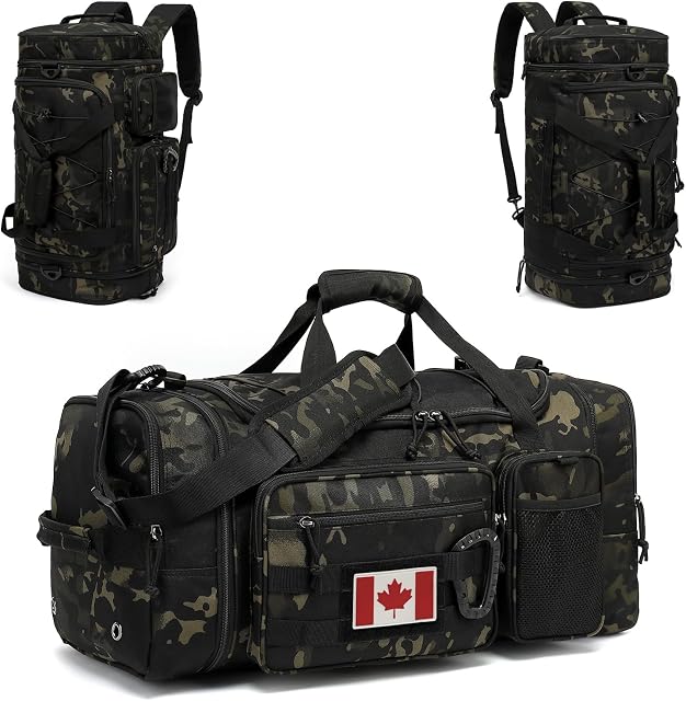 3 in 1 Tactical Gym Bag Backpack for Men 40-45L Expandable Travel Duffle Bag for Women Military Sport Duffel Bags Weekend Overnight with Shoe Compartment & Wet Pocket for Fitness, Camo