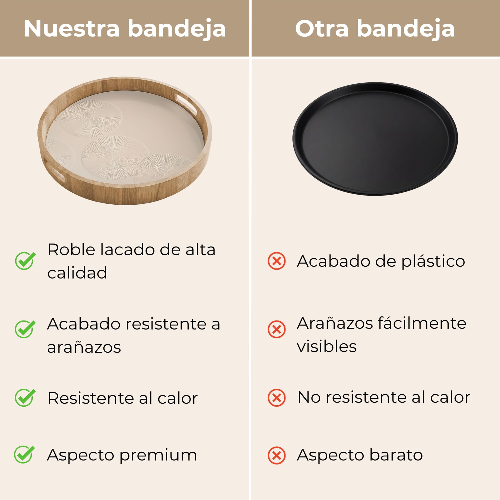 Bandejas Redonda 40x40 cm Bandeja Cafe para Servir Comida Bonitas Resistente Al Calor Tray De Madera Desayuno Cocina Tabuleiro Japandi - Beige - Moderno