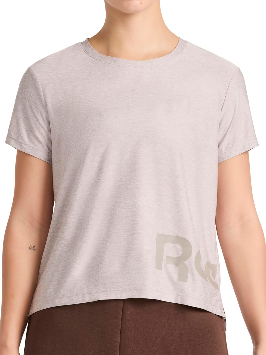 Reebok Women's Wrap Around Wordmark Graphic Crewneck T-Shirt, Standard Fit, Lightweight Stretch Poly Marled Jersey Fabric