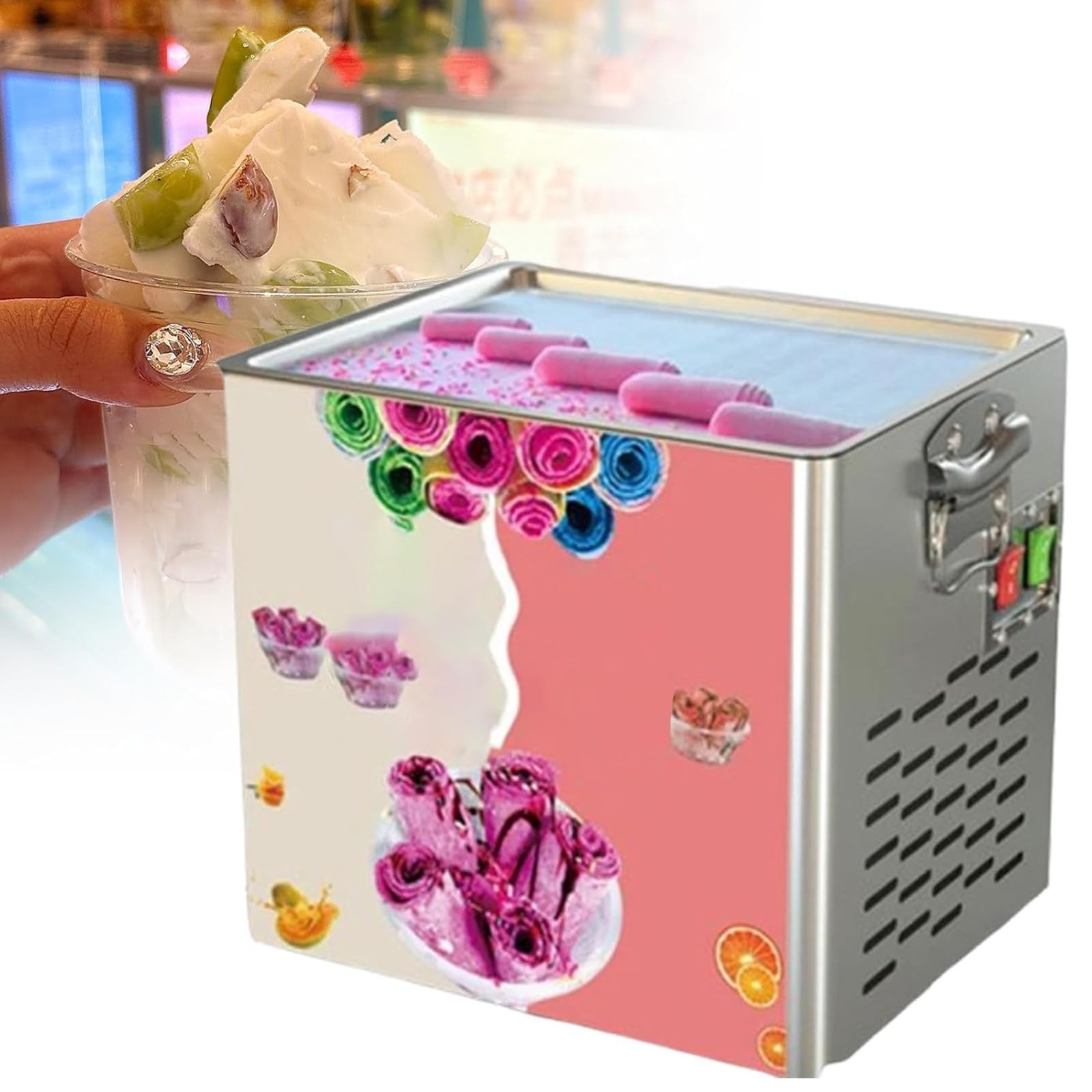 Stainless Steel Rolled Ice Cream Maker, Yogurt Fry Ice Cream Roll Machine, Household Portable Yogurt Slushie Makers, 330W, Rapid Cooling, Stainless Steel Cooling Panel,For Gelatos Dessert Shops