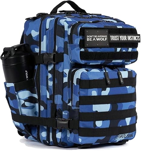 WOLFpak Mochila de gimnasio atlético de 25L, Negro y Camuflaje Azul, Tamaño único, Mochila